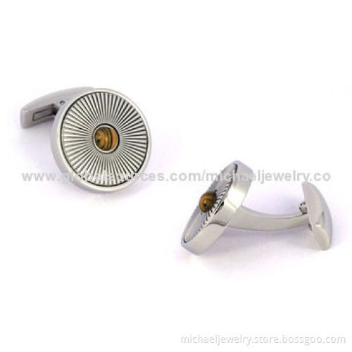 Stainless Steel Cufflinks with Surface is Embossing, Inlay Tiger Eye